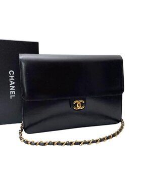 Chanel Leather CC Logo Chain Shoulder Hand Bag Black